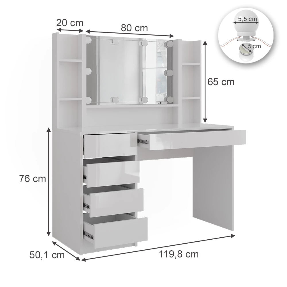 Makeupbord i farven Hvid/hvid højglans på hvid baggrund med synlige dimensioner