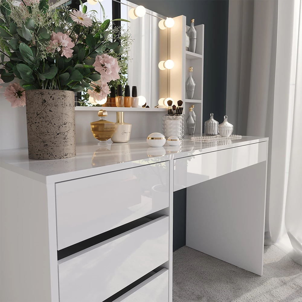 Nærbillede af Makeupbord i farven Hvid/hvid højglans, der viser struktur/detaljer