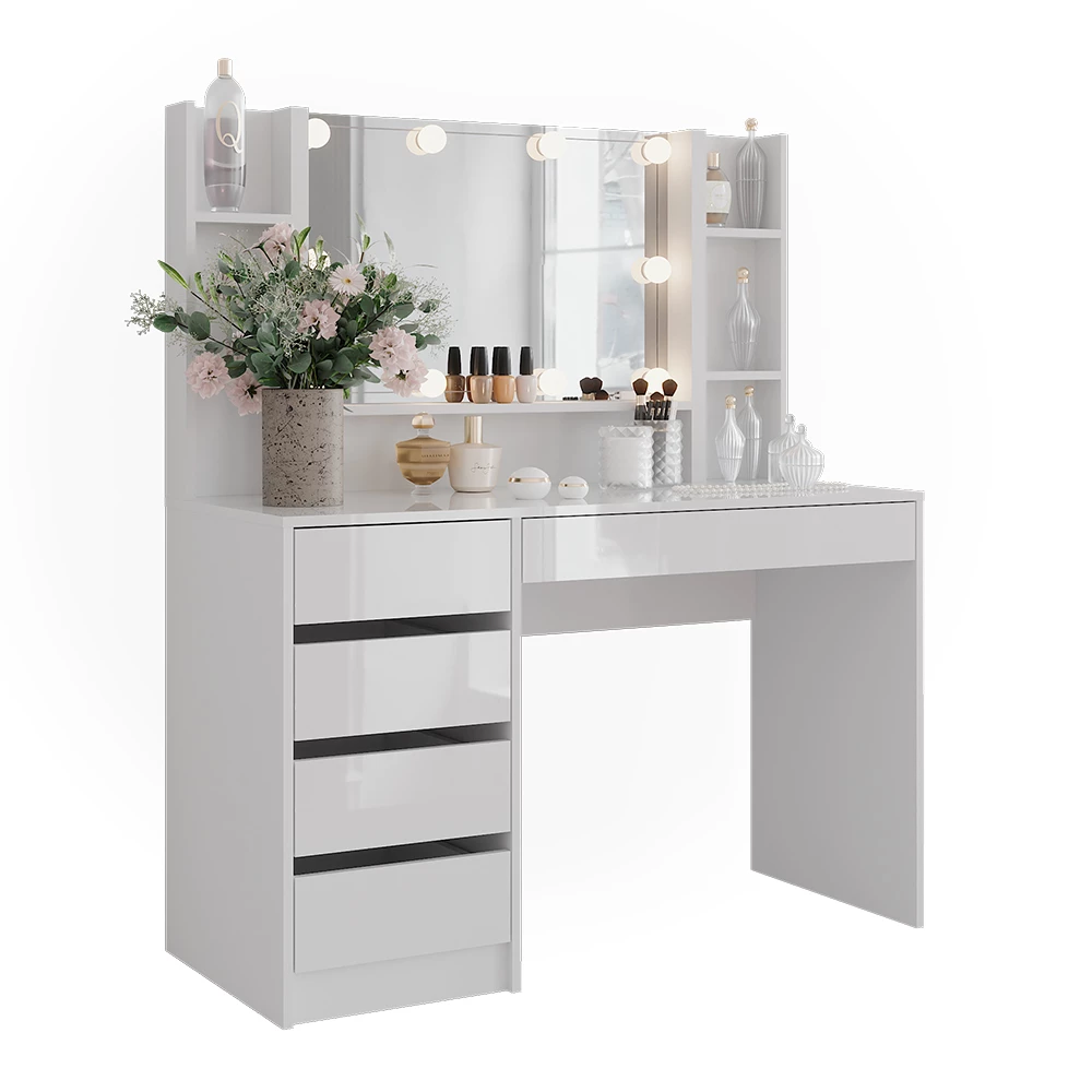 Makeupbord i farven Hvid/hvid højglans på hvid baggrund med dekorative elementer