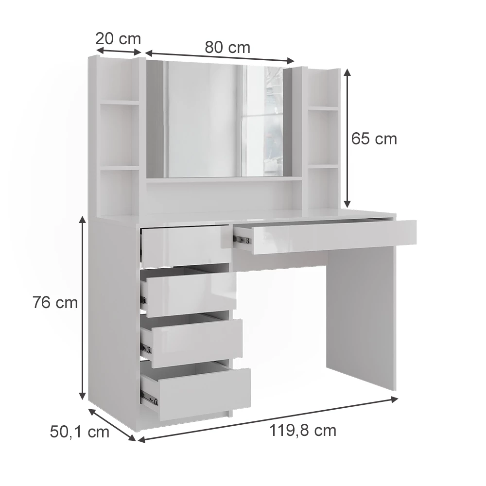 Kaptafel in Wit/wit hoogglans op een witte achtergrond met zichtbare afmetingen