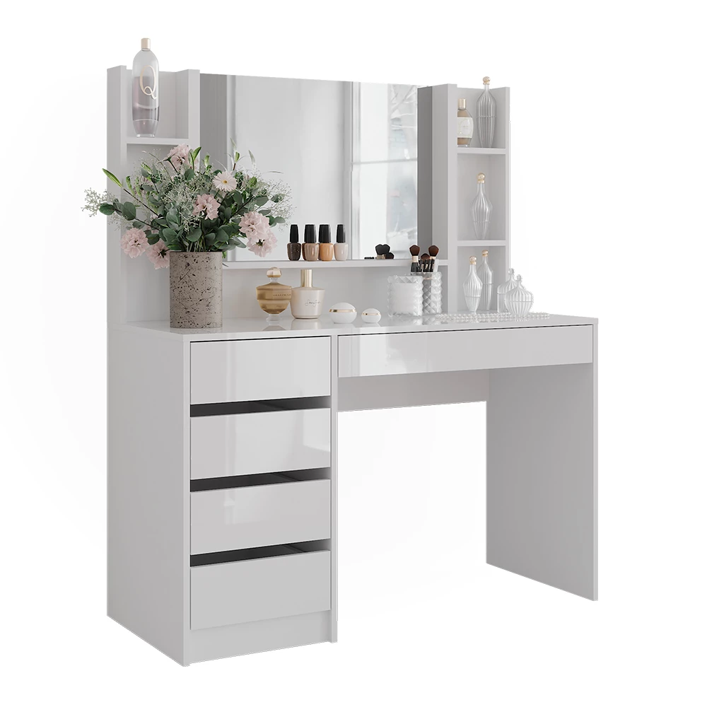 Kaptafel in Wit/wit hoogglans op een witte achtergrond met decoratieve elementen