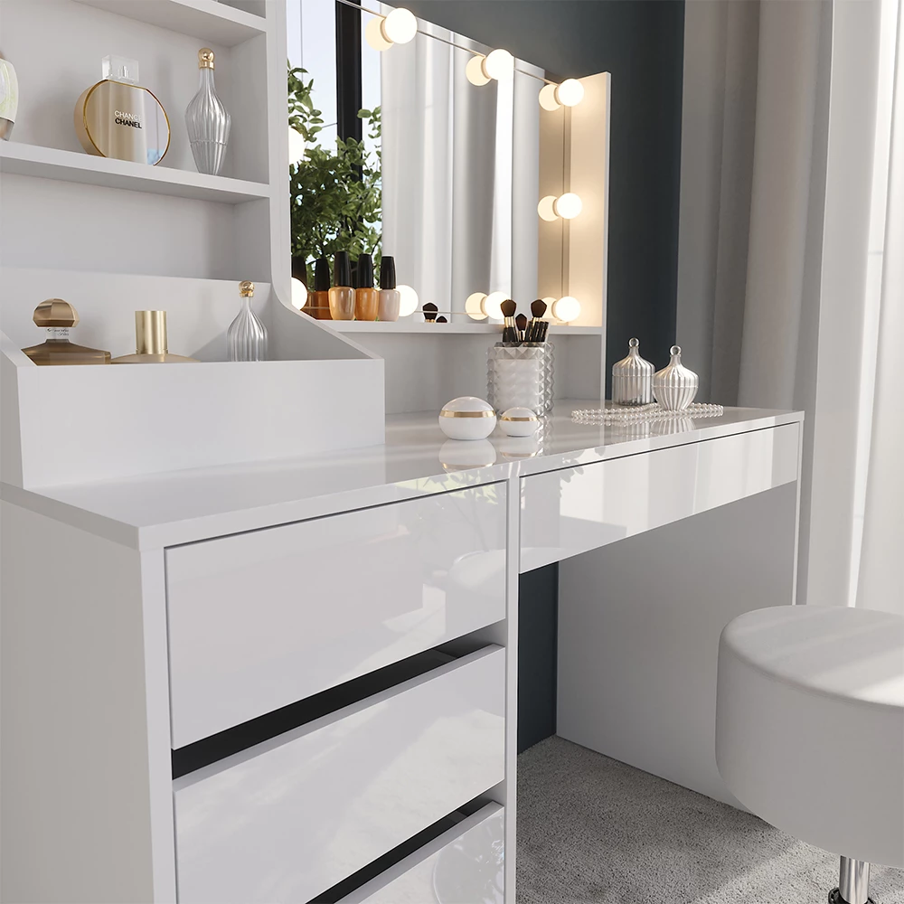 Nahaufnahme von Schminktisch in Weiß/Weiß Hochglanz, zeigt Textur/Details