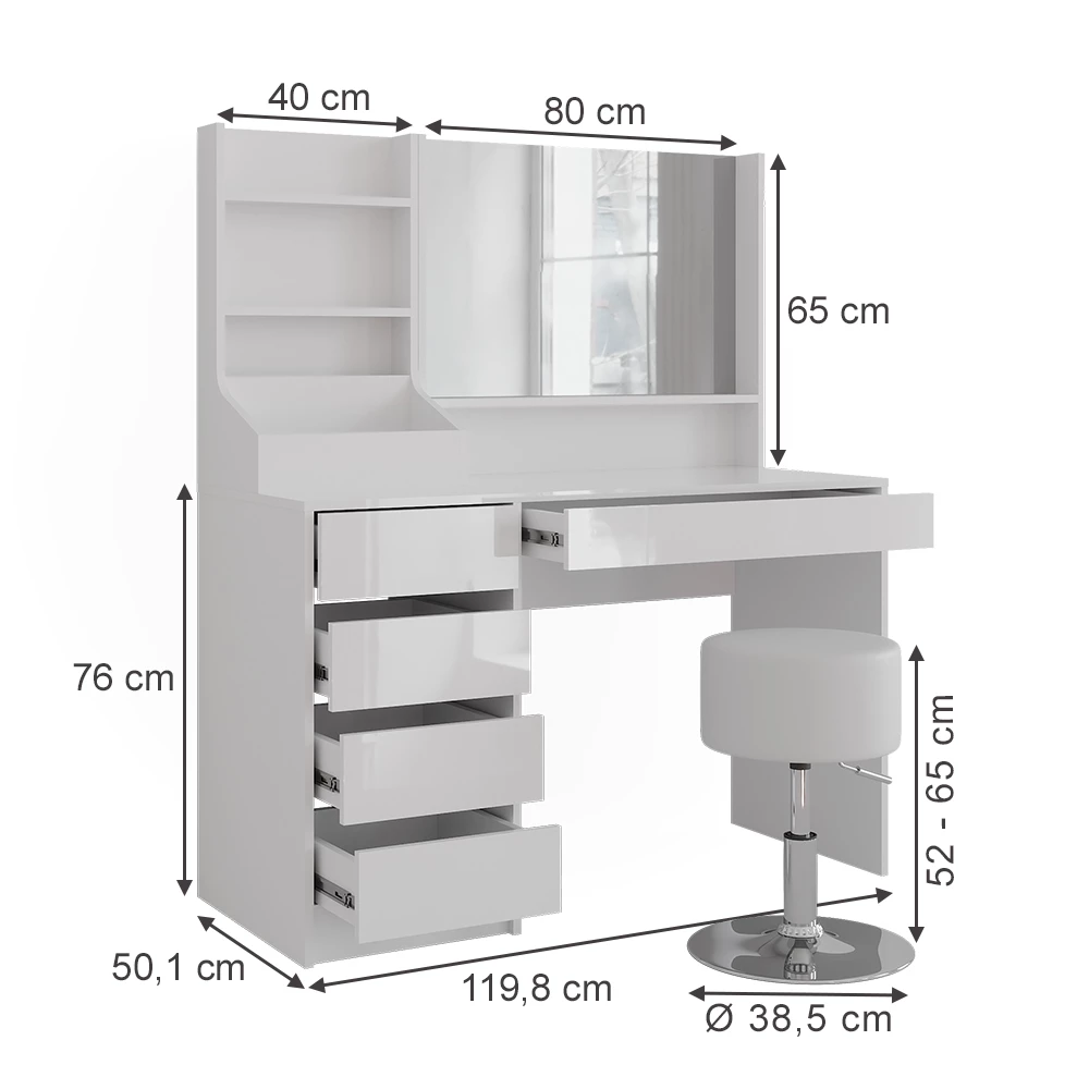 Kaptafel in Wit/wit hoogglans op een witte achtergrond met zichtbare afmetingen