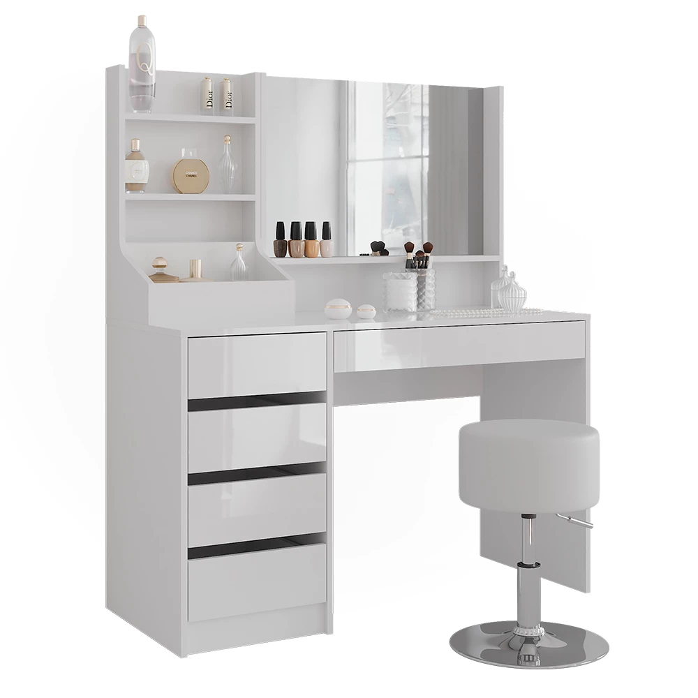 Kaptafel in Wit/wit hoogglans op een witte achtergrond met decoratieve elementen