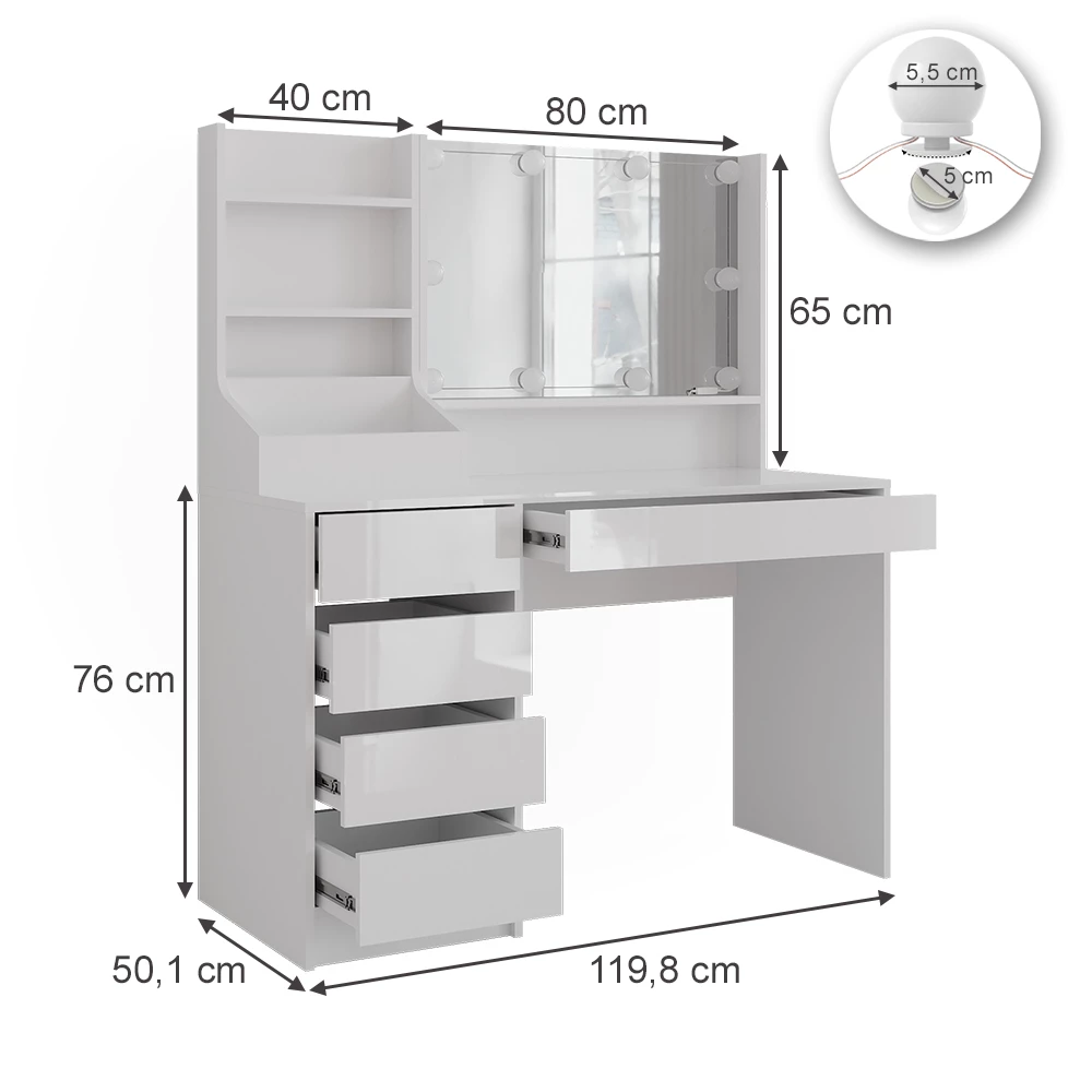 Stół toaletowy w kolorze Biały/biały wysoki połysk na białym tle z widocznymi wymiarami