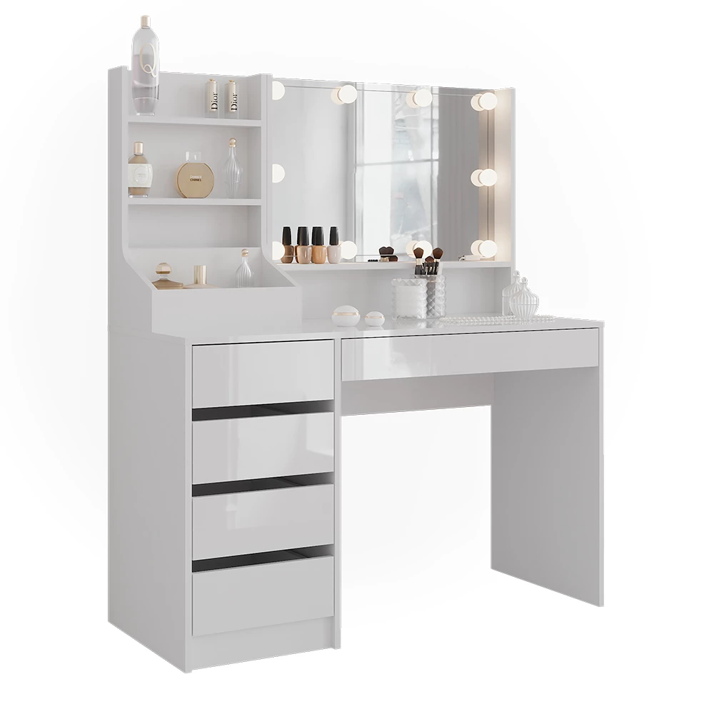 Stół toaletowy w kolorze Biały/biały wysoki połysk na białym tle z elementami dekoracyjnymi