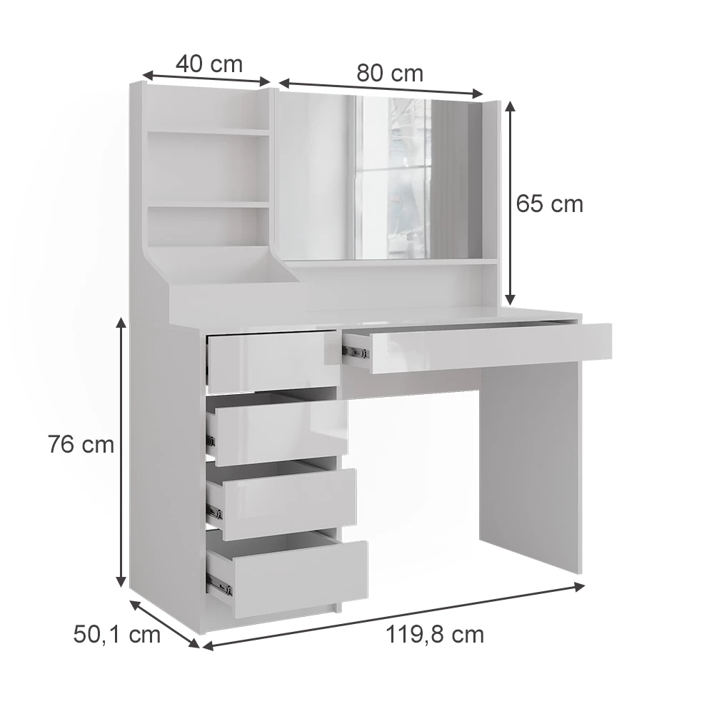 Kaptafel in Wit/wit hoogglans op een witte achtergrond met zichtbare afmetingen