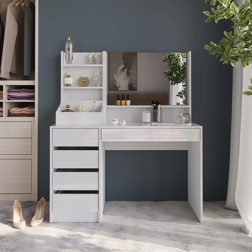 Kaptafel in Wit/wit hoogglans, getoond in een sfeervolle omgeving met decoratie