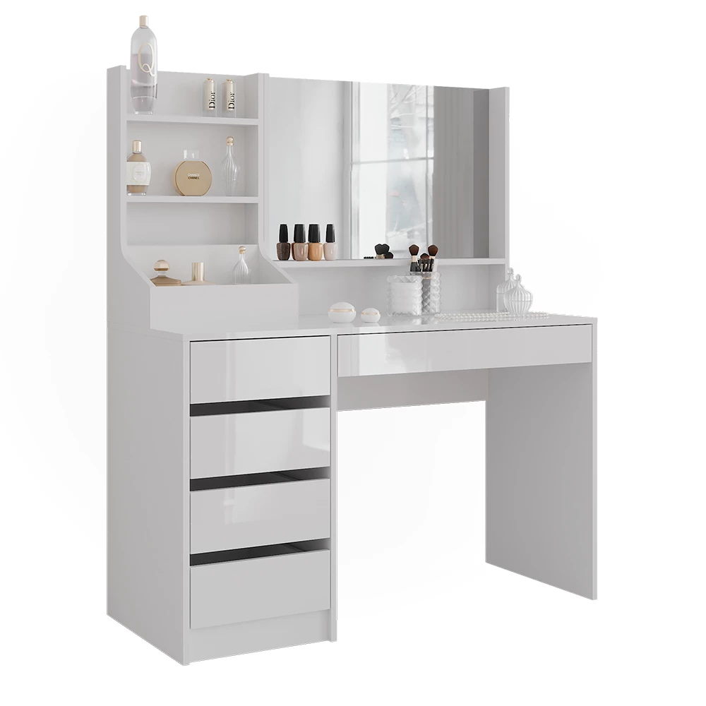 Kaptafel in Wit/wit hoogglans op een witte achtergrond met decoratieve elementen