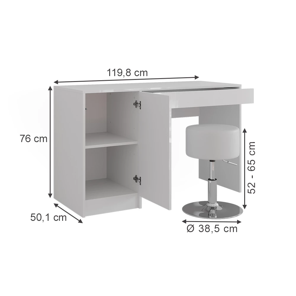 Stół toaletowy w kolorze Biały/biały wysoki połysk na białym tle z widocznymi wymiarami