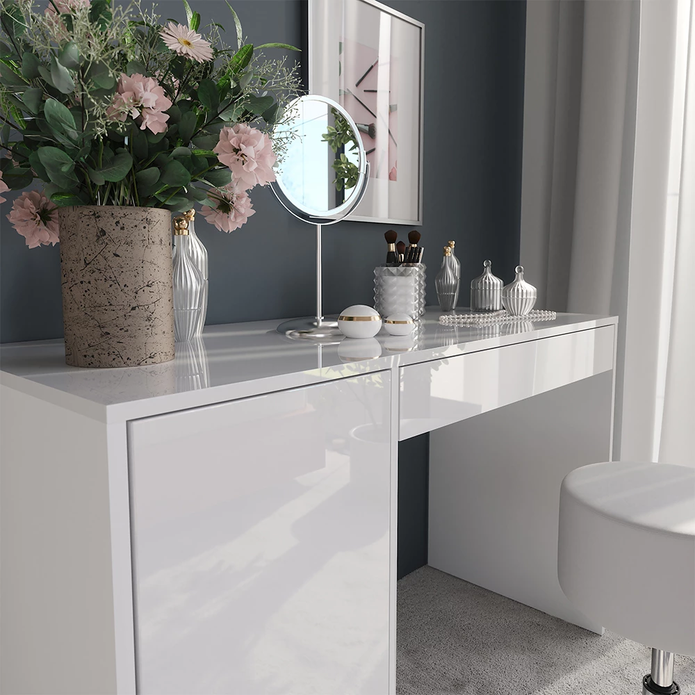 Zbliżenie Stół toaletowy w kolorze Biały/biały wysoki połysk, pokazujące teksturę/detale