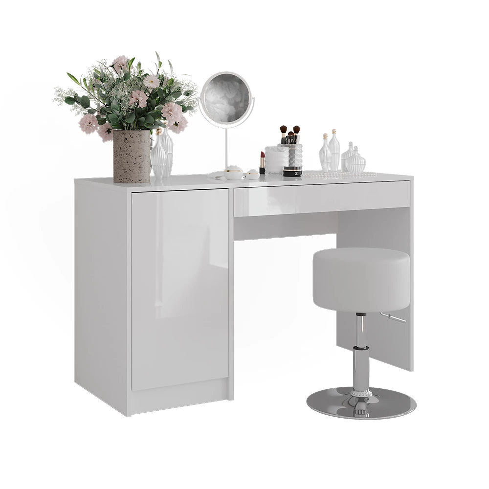 Stół toaletowy w kolorze Biały/biały wysoki połysk na białym tle z elementami dekoracyjnymi