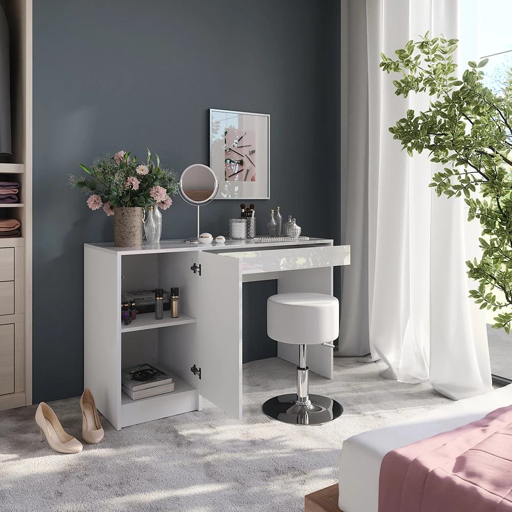 Zbliżenie Stół toaletowy w kolorze Biały/biały wysoki połysk, pokazujące wzór i detale powierzchni