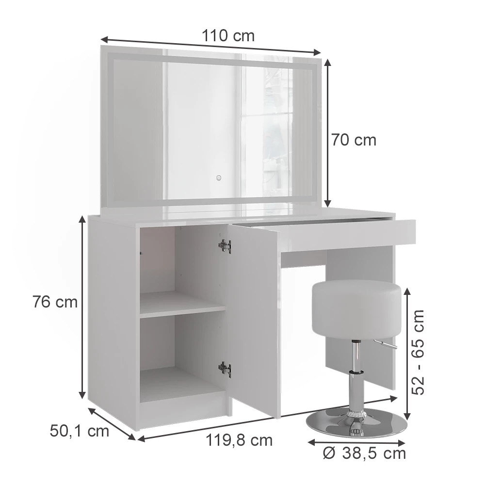 Coiffeuse en blanc/blanc brillant sur fond blanc avec dimensions visibles