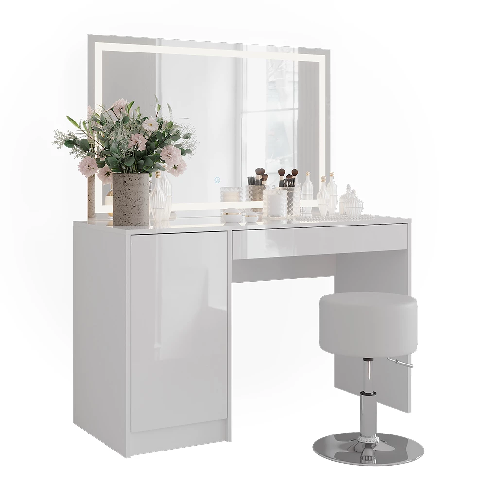 Coiffeuse en blanc/blanc brillant sur fond blanc avec des éléments décoratifs