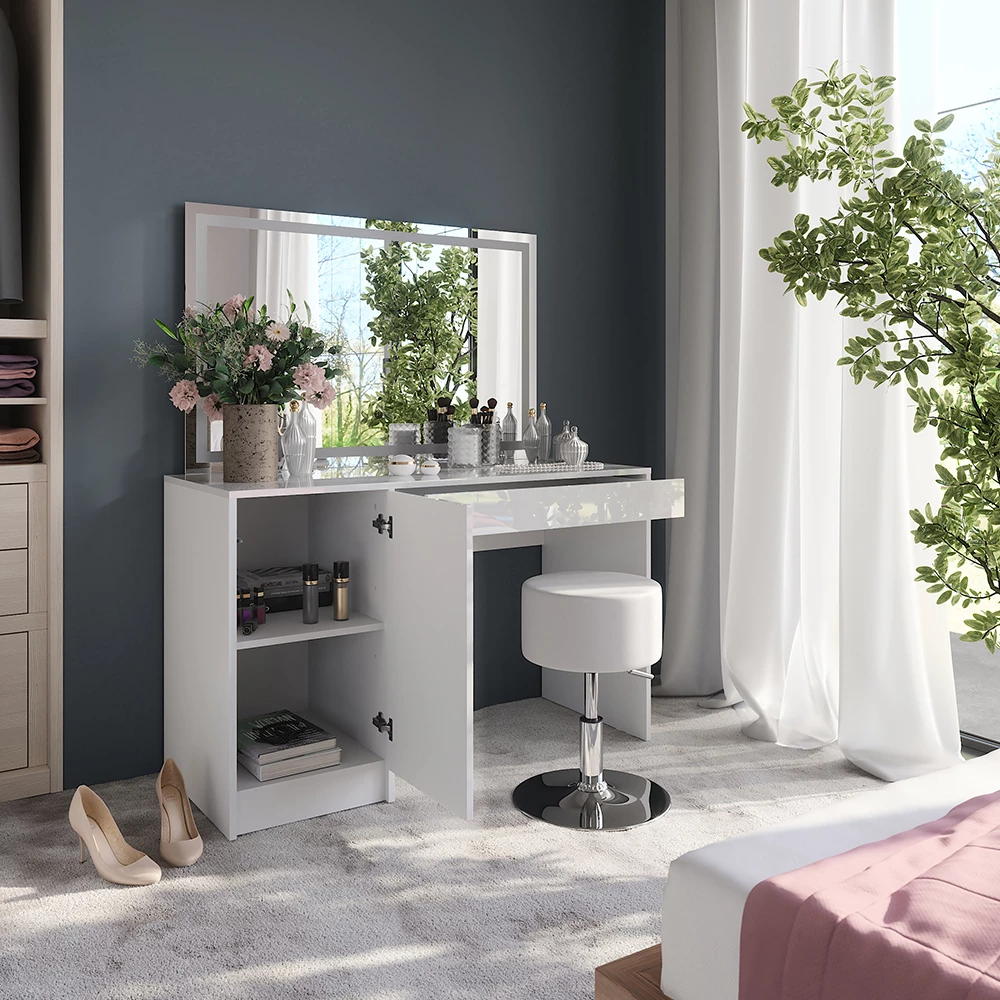 Gros plan de Coiffeuse en blanc/blanc brillant, montrant le design et les détails de surface