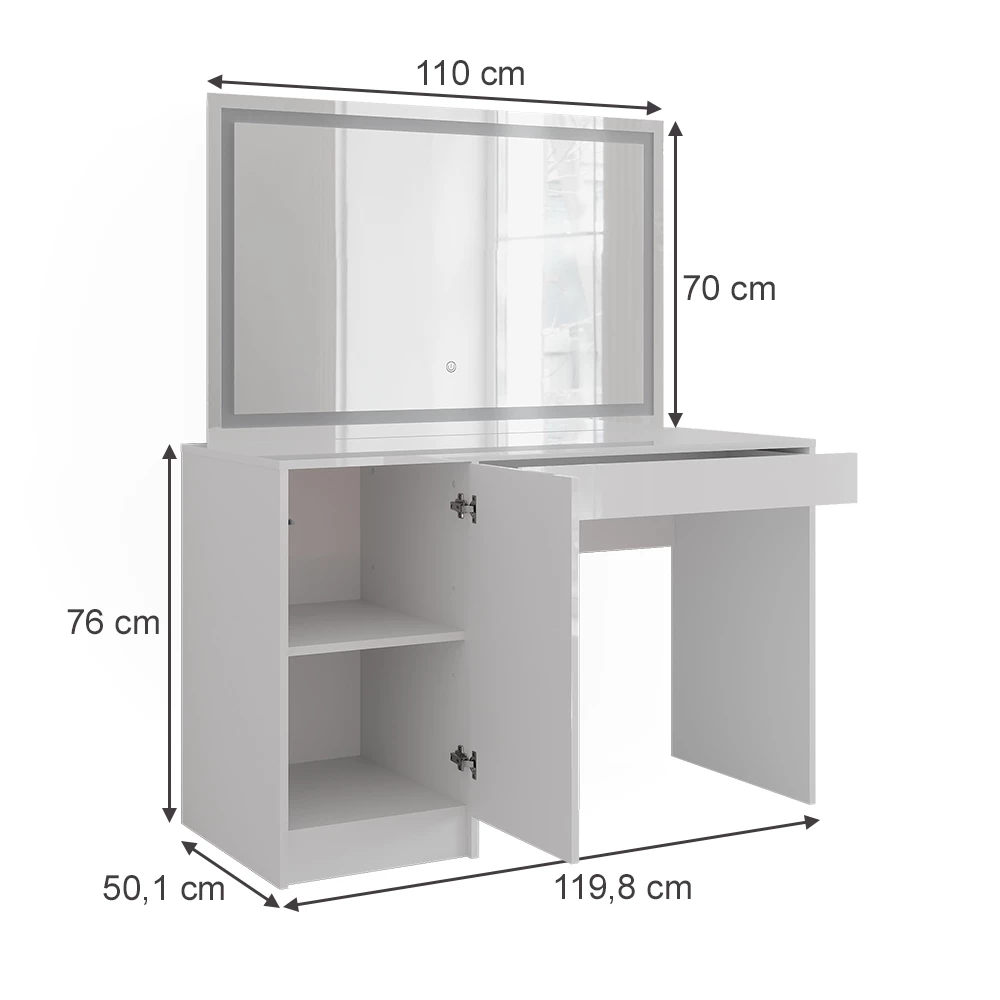 Schminktisch in Weiß/Weiß Hochglanz auf weißem Hintergrund mit sichtbaren Maßen