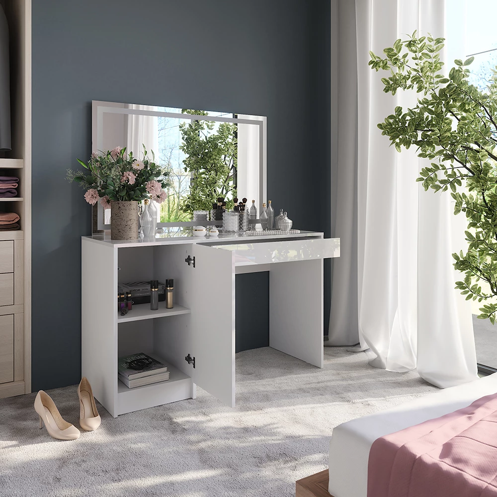 Nahaufnahme von Schminktisch in Weiß/Weiß Hochglanz, zeigt Design- und Oberflächendetails