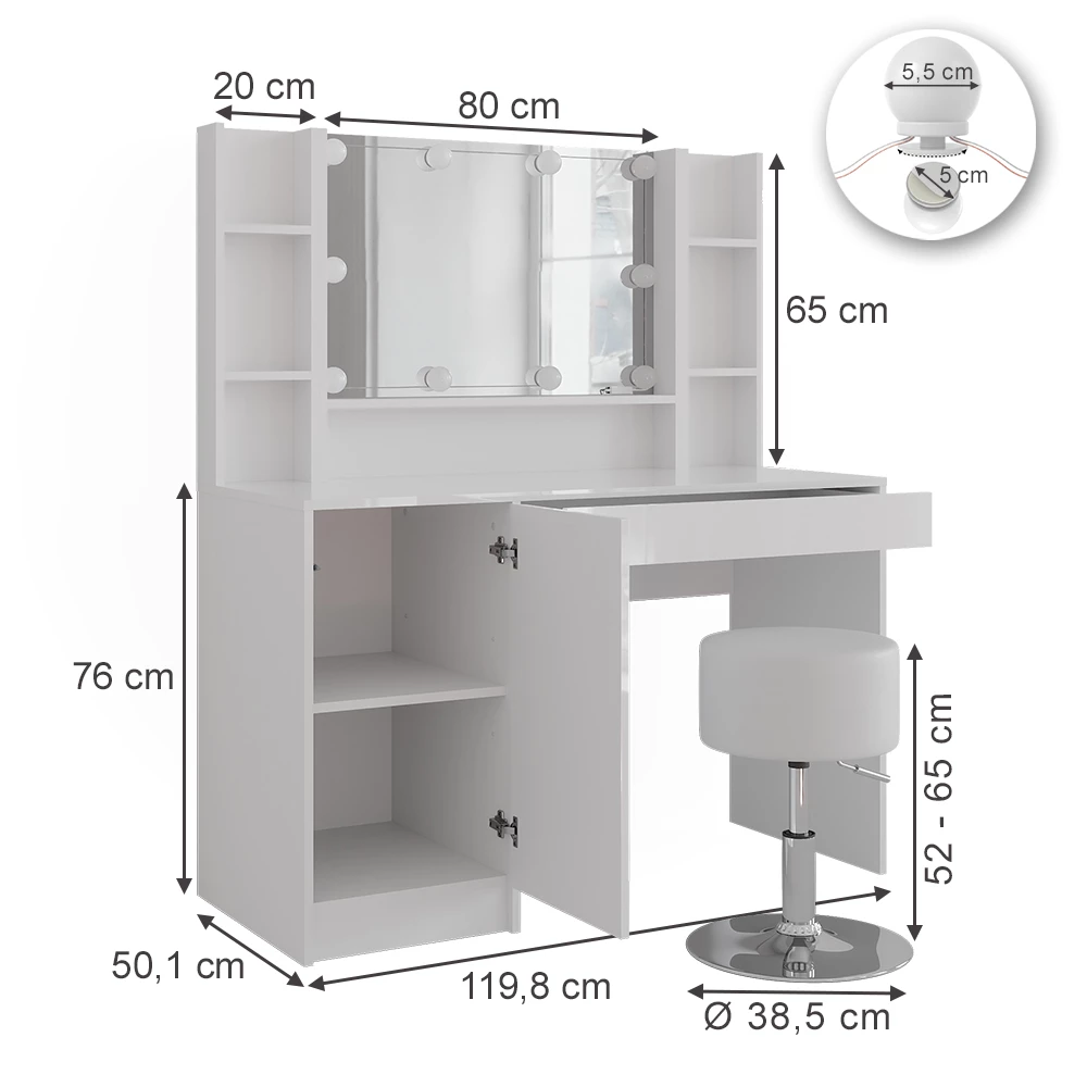 Schminktisch in Weiß/Weiß Hochglanz auf weißem Hintergrund mit sichtbaren Maßen