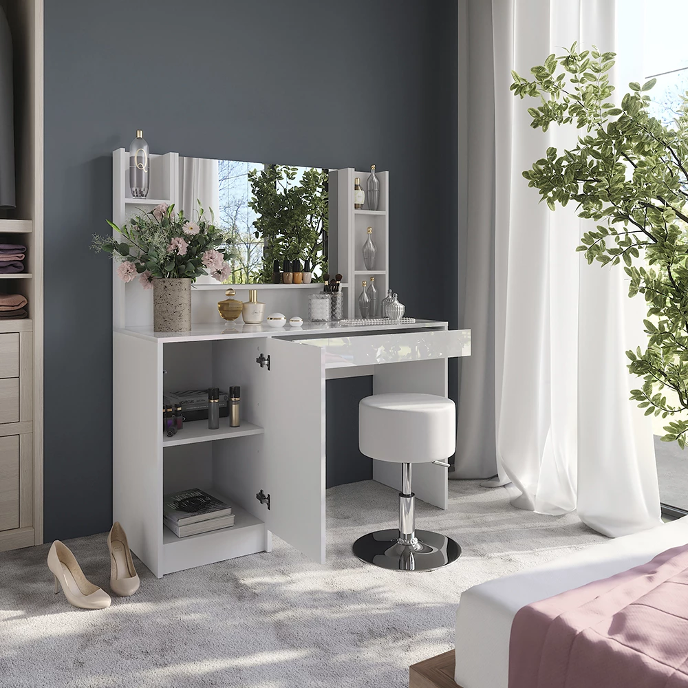 Nahaufnahme von Schminktisch in Weiß/Weiß Hochglanz, zeigt Design- und Oberflächendetails