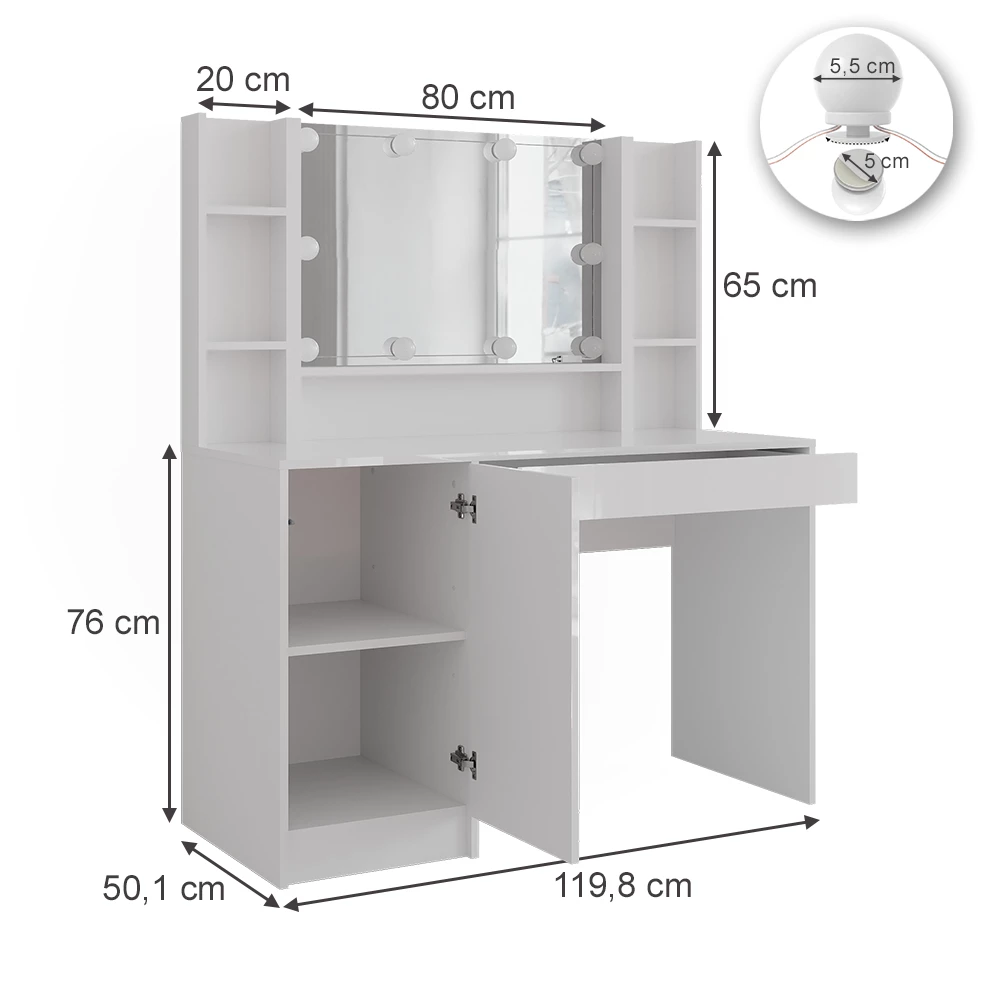 Coiffeuse en blanc/blanc brillant sur fond blanc avec dimensions visibles