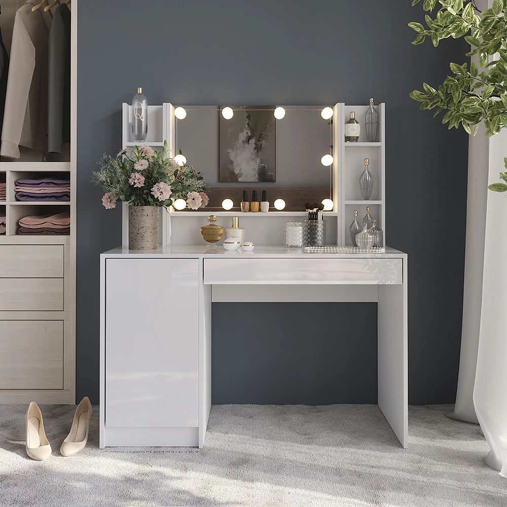 Coiffeuse en blanc/blanc brillant, présenté dans un décor ambiant avec décoration