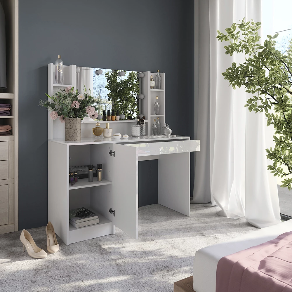 Gros plan de Coiffeuse en blanc/blanc brillant, montrant le design et les détails de surface