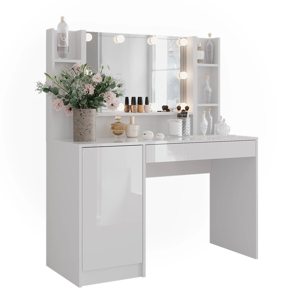 Coiffeuse en blanc/blanc brillant sur fond blanc avec des éléments décoratifs