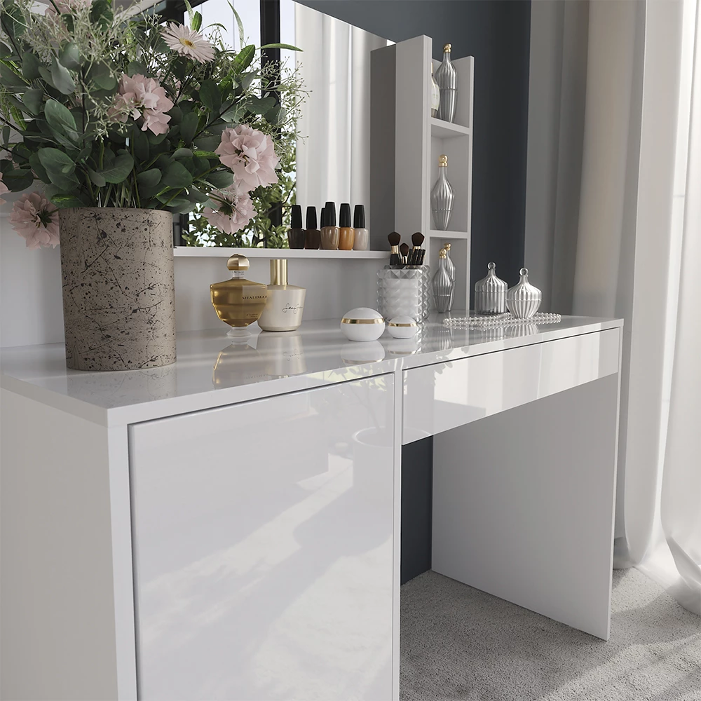 Nahaufnahme von Schminktisch in Weiß/Weiß Hochglanz, zeigt Textur/Details