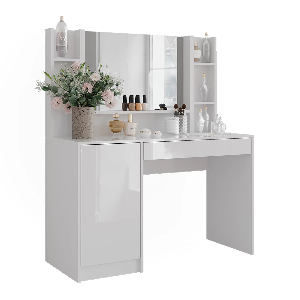 Schminktisch in Weiß/Weiß Hochglanz auf weißem Hintergrund mit dekorativen Elementen