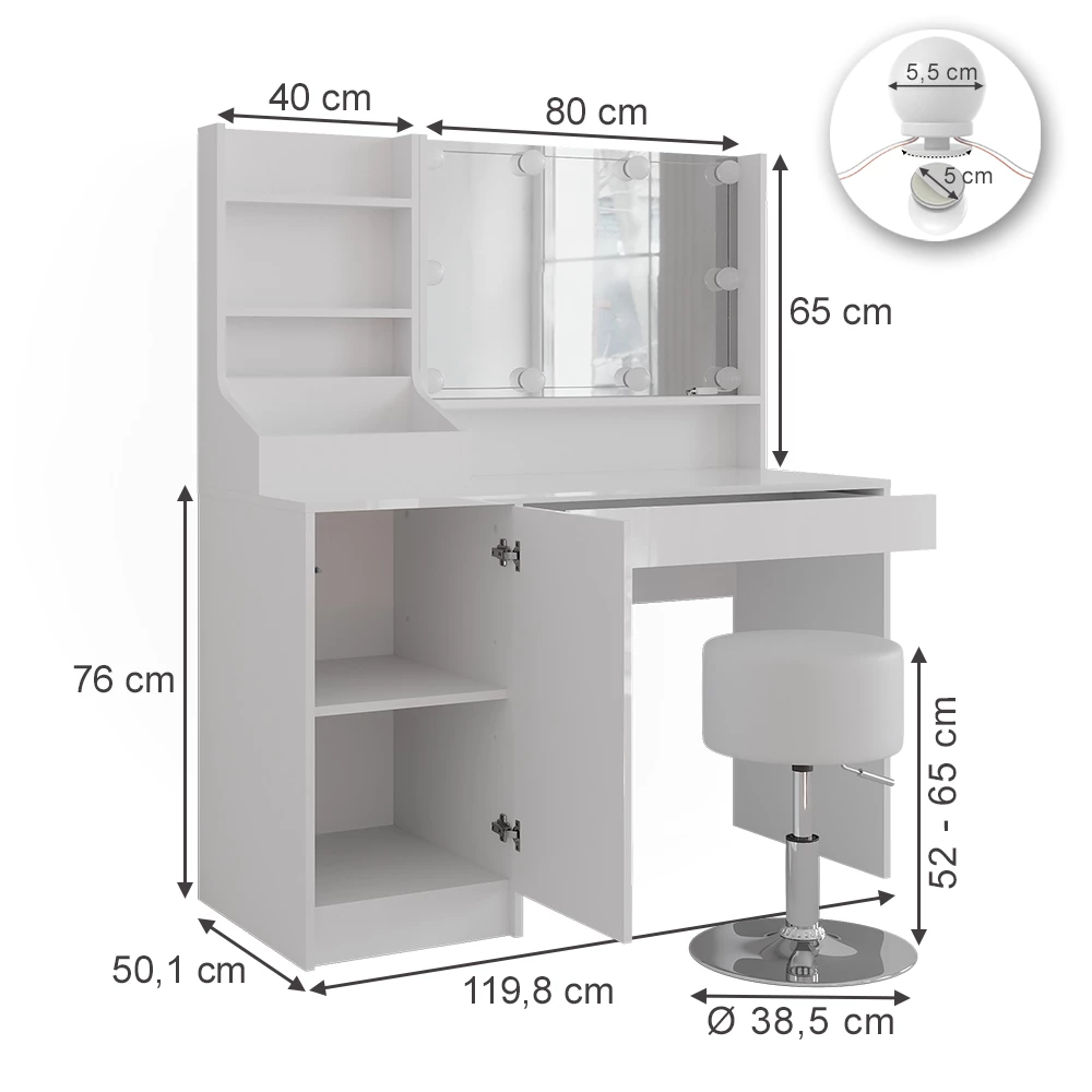 Kaptafel set met kruk in Wit/wit hoogglans op een witte achtergrond met zichtbare afmetingen