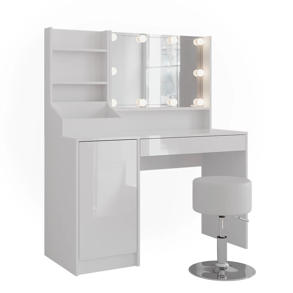 Kaptafel set met kruk in Wit/wit hoogglans op een witte achtergrond