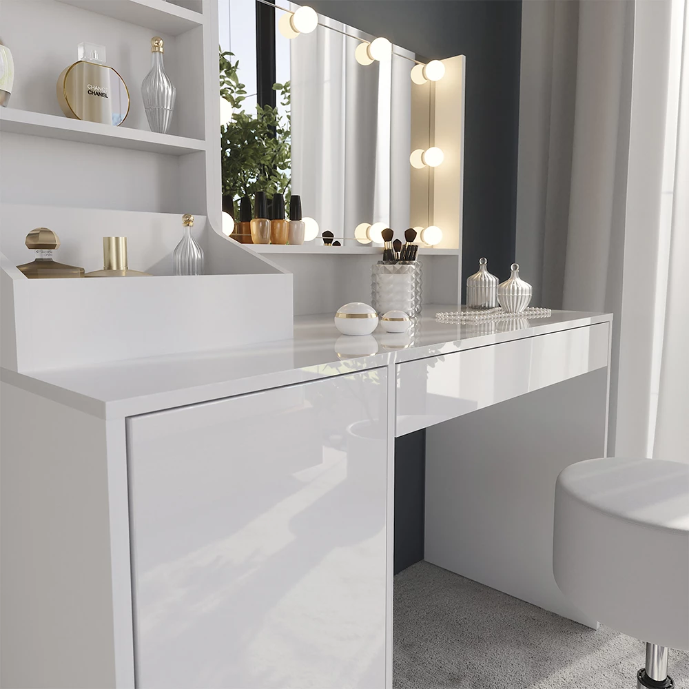 Close-up van Kaptafel set met kruk in Wit/wit hoogglans, met textuur/details