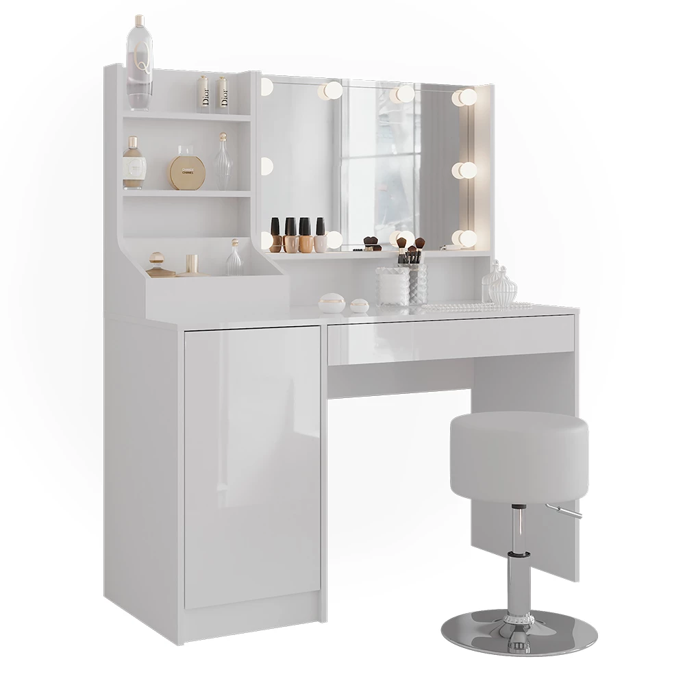 Kaptafel set met kruk in Wit/wit hoogglans op een witte achtergrond met decoratieve elementen