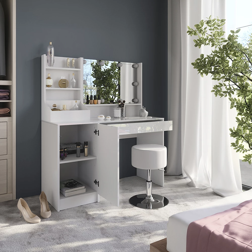 Close-up van Kaptafel set met kruk in Wit/wit hoogglans, met ontwerp- en oppervlakte-details