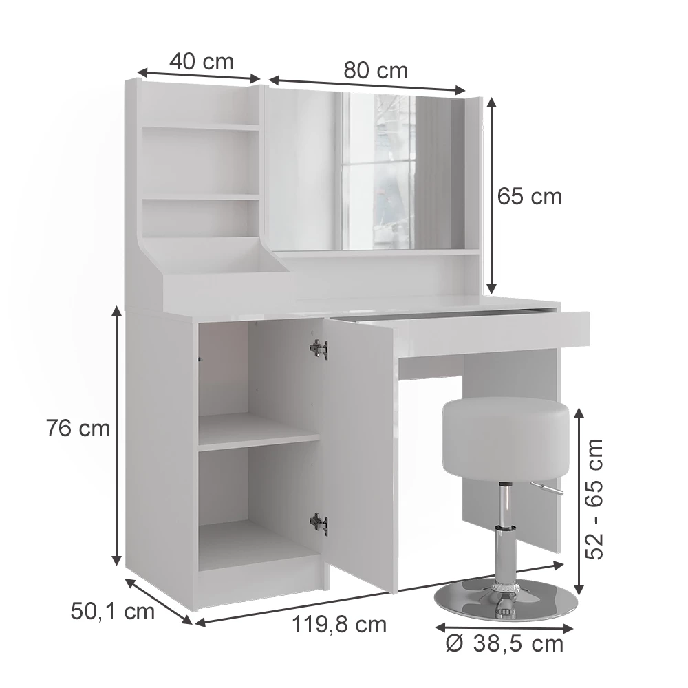 Kaptafel in Wit/wit hoogglans op een witte achtergrond met zichtbare afmetingen