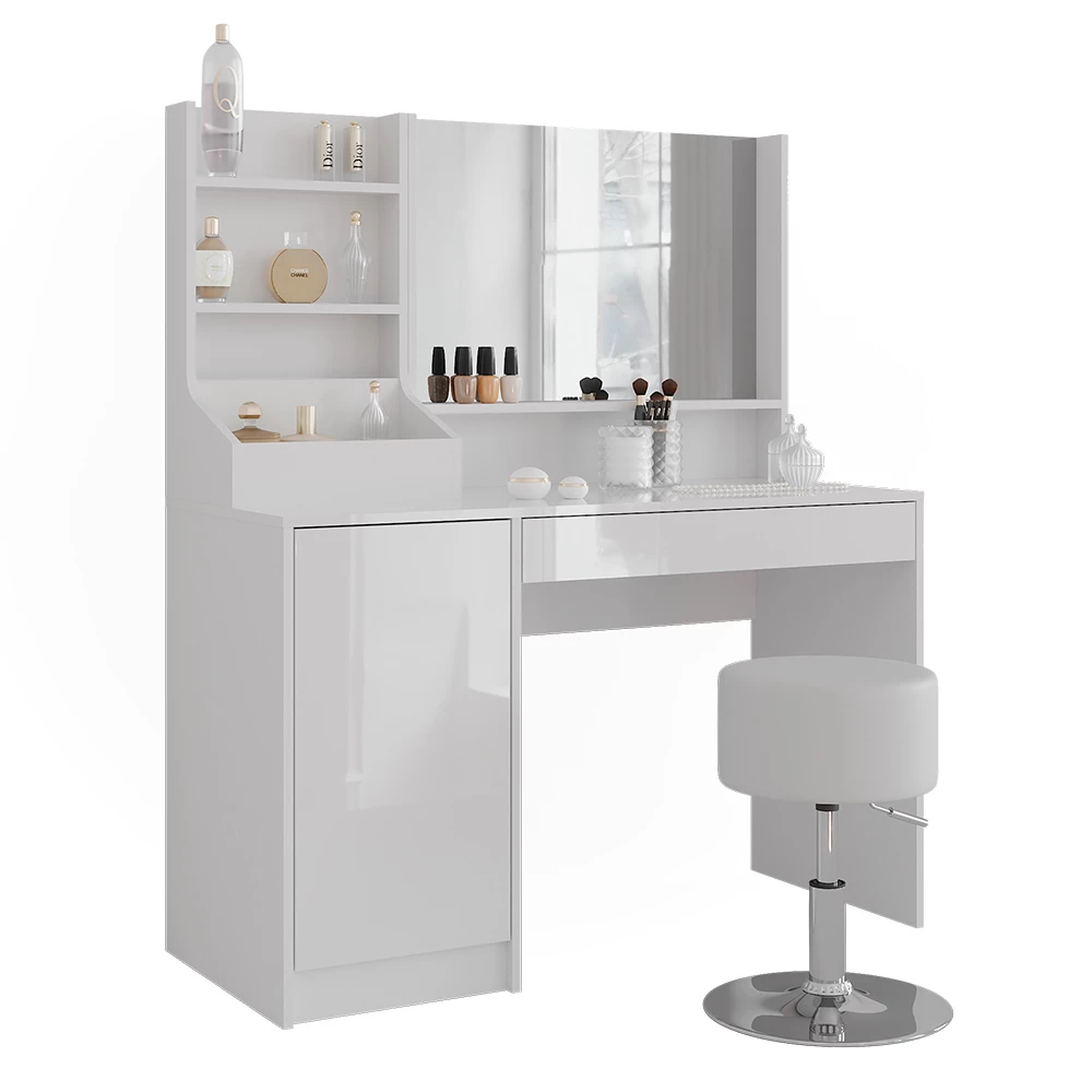 Kaptafel in Wit/wit hoogglans op een witte achtergrond met decoratieve elementen