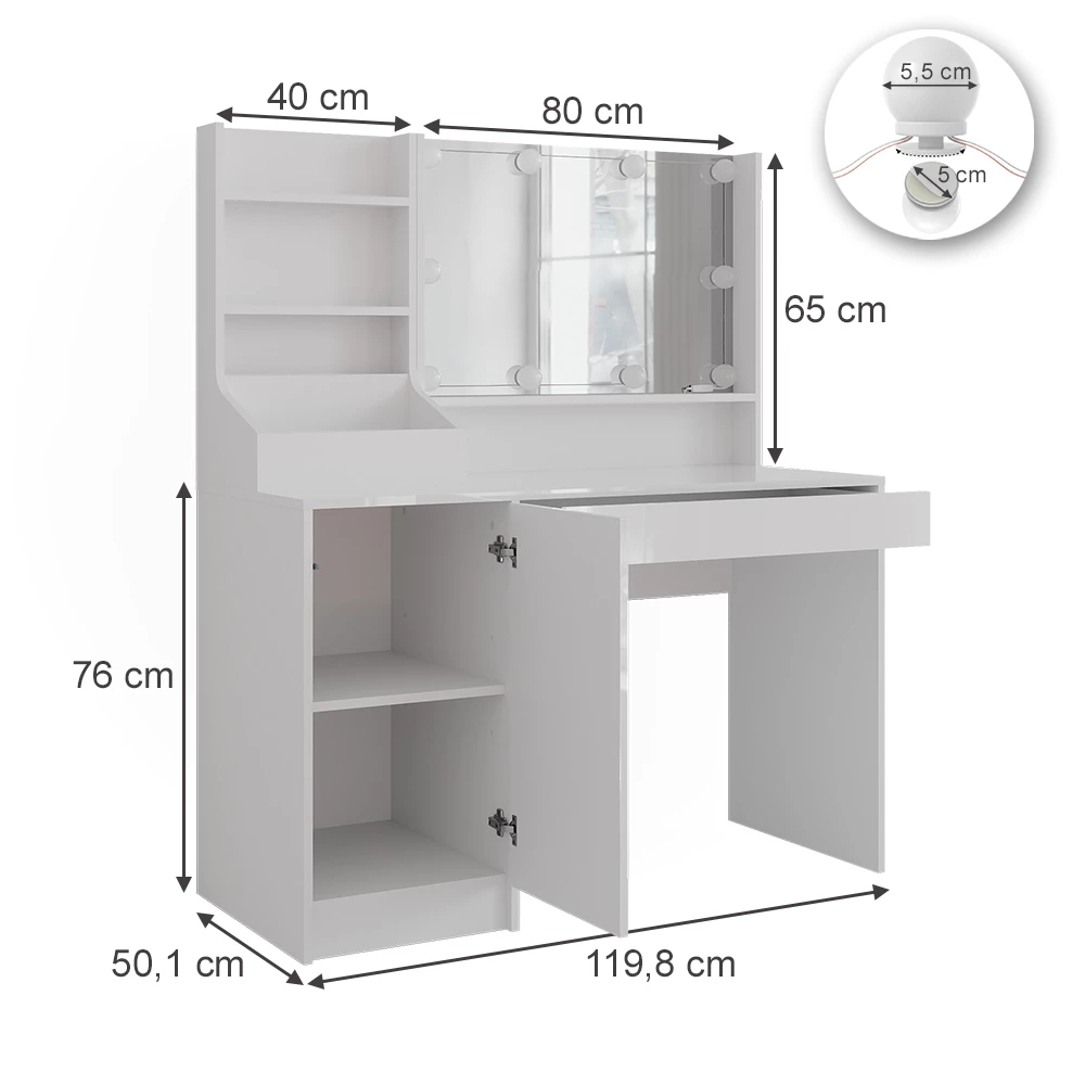 Stół toaletowy w kolorze Biały/biały wysoki połysk na białym tle z widocznymi wymiarami