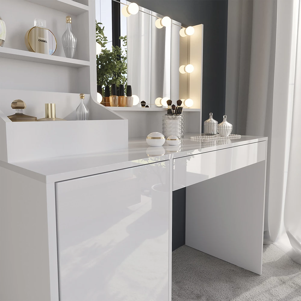 Zbliżenie Stół toaletowy w kolorze Biały/biały wysoki połysk, pokazujące teksturę/detale