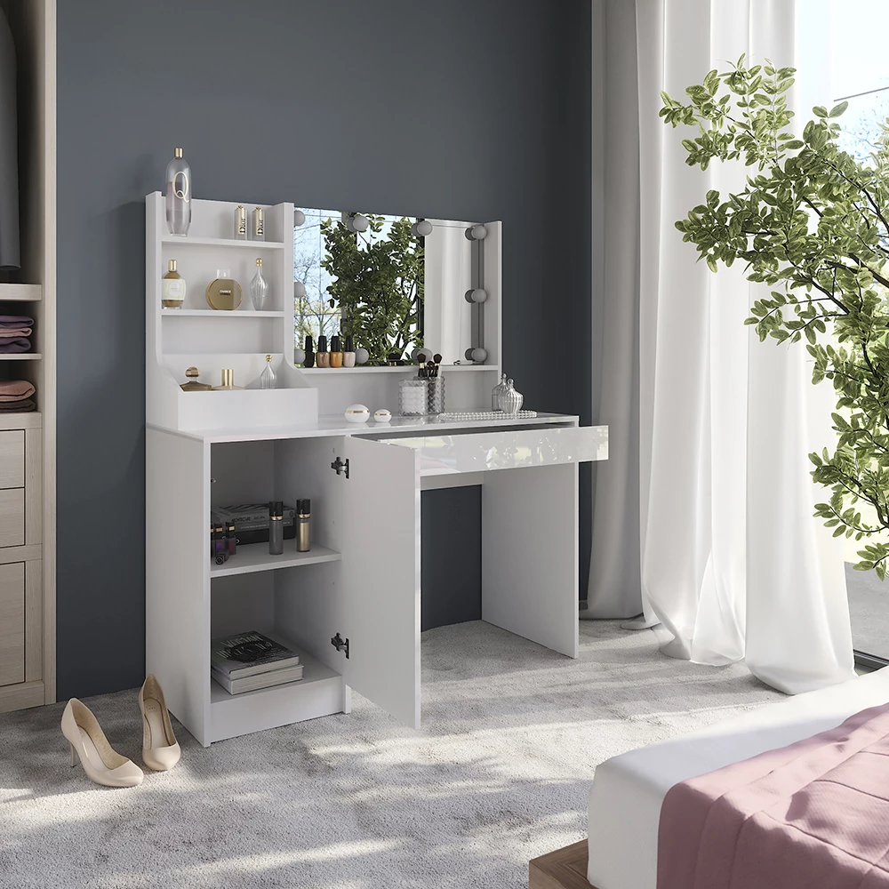 Zbliżenie Stół toaletowy w kolorze Biały/biały wysoki połysk, pokazujące wzór i detale powierzchni