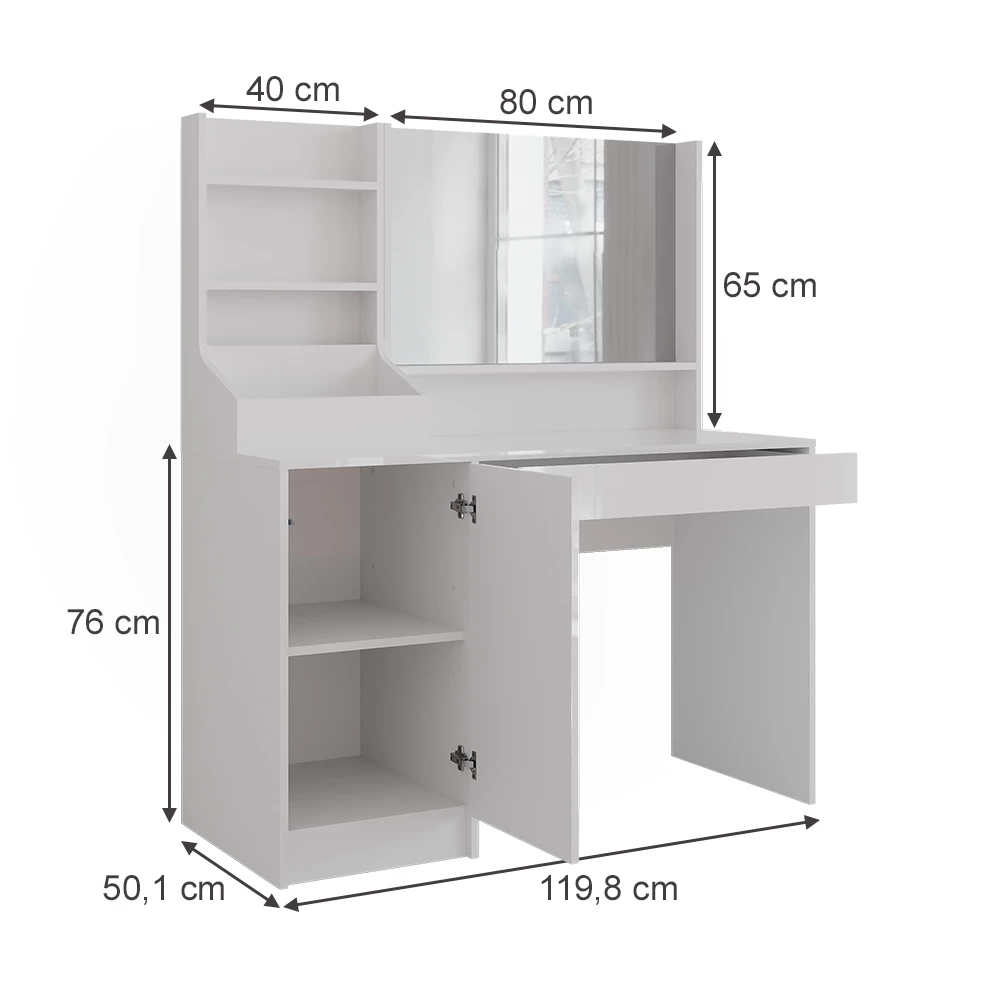 Stolik do przebierania w kolorze Biały/biały wysoki połysk na białym tle z widocznymi wymiarami