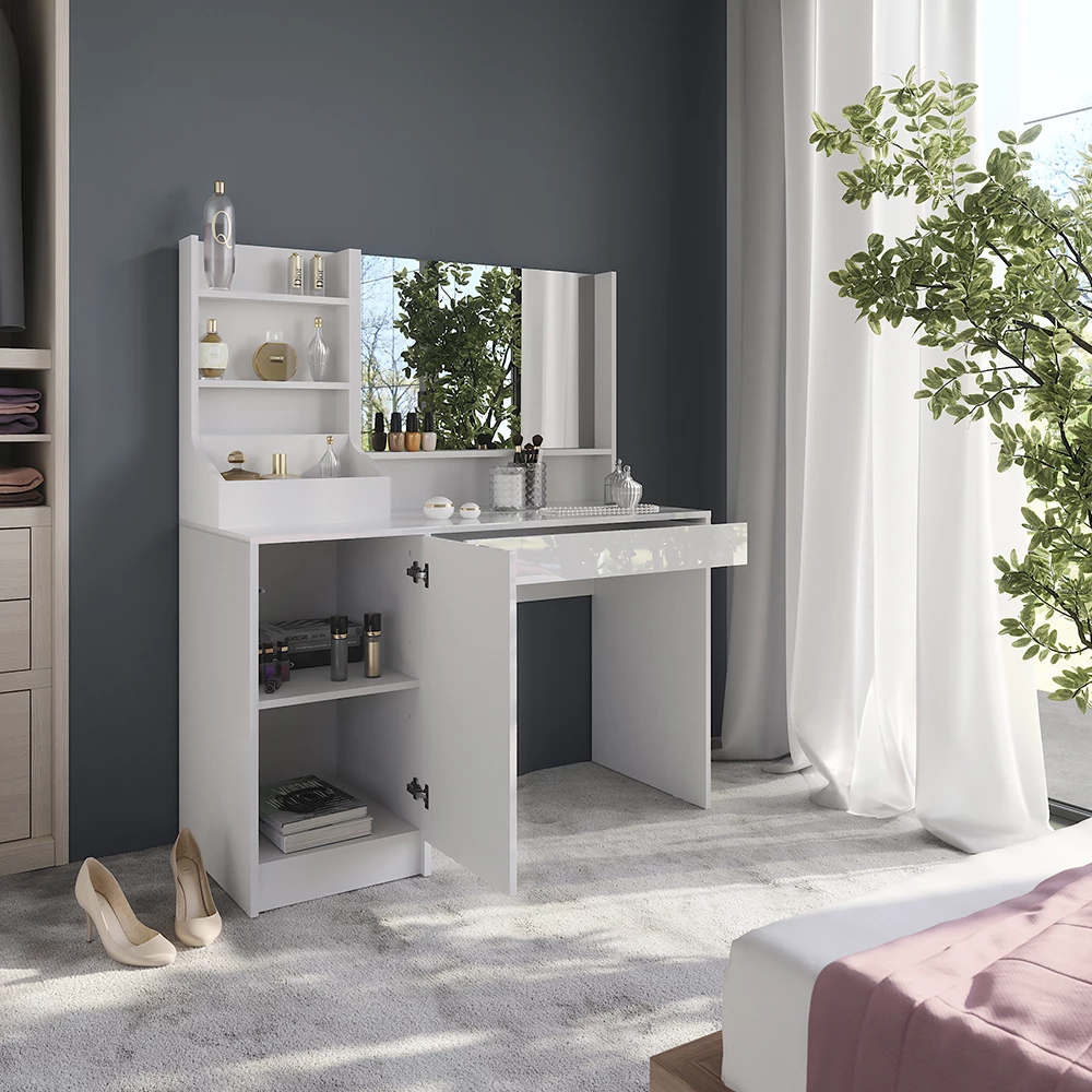 Zbliżenie Stolik do przebierania w kolorze Biały/biały wysoki połysk, pokazujące wzór i detale powierzchni