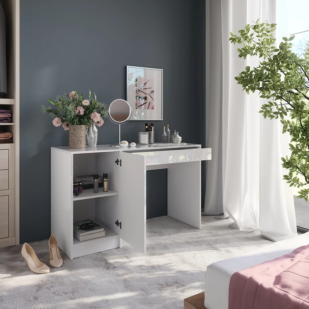 Gros plan de Coiffeuse en blanc/blanc brillant, montrant le design et les détails de surface