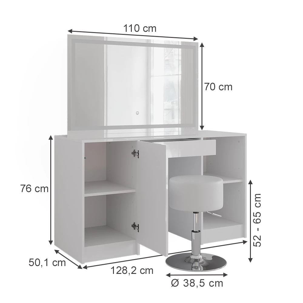 Vanity table in White/white high gloss on white background with visible dimensions