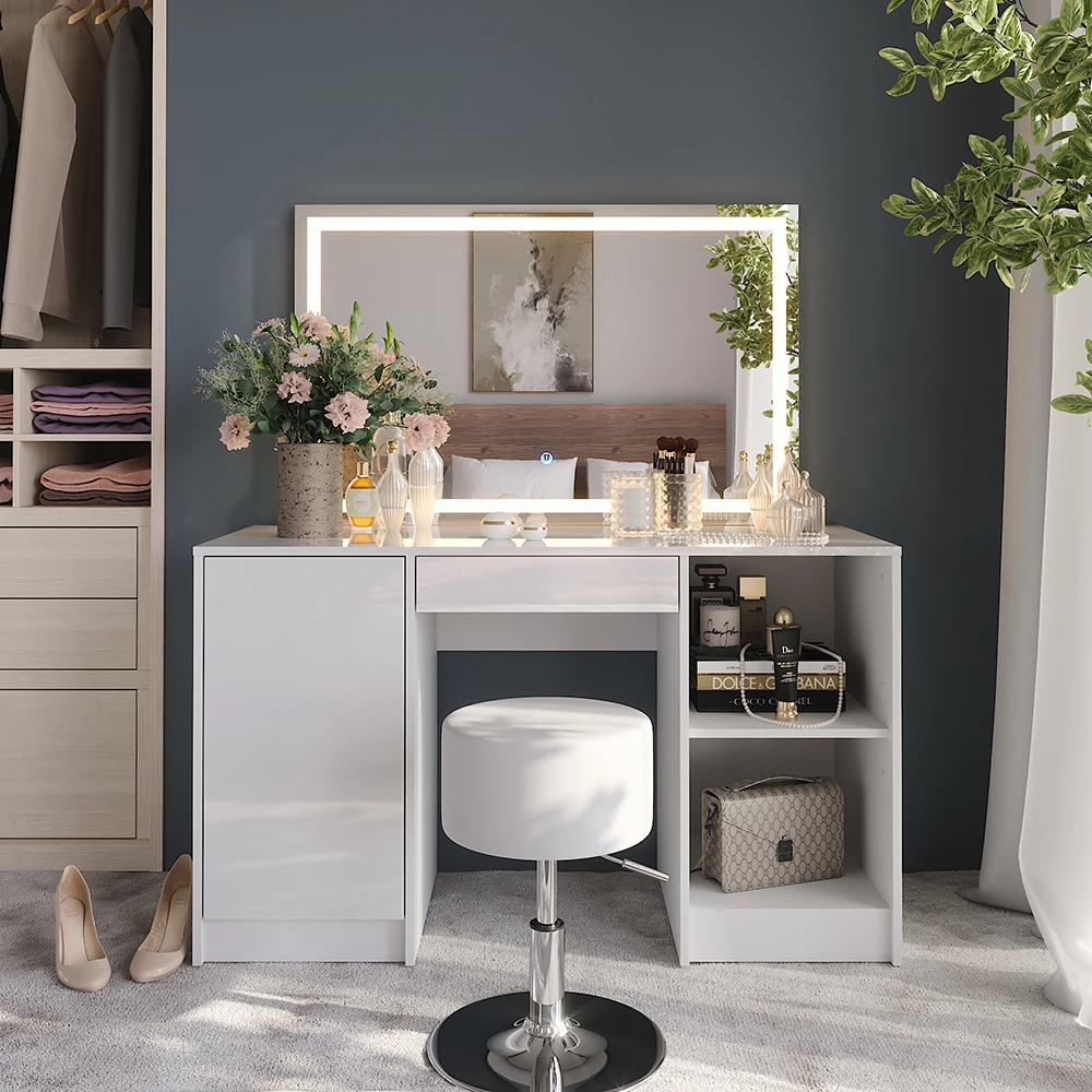 Vanity table in White/white high gloss shown in ambient setting with decoration