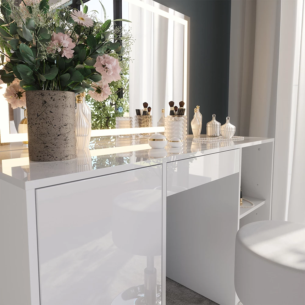 Close-up of Vanity table in White/white high gloss, showing texture/details