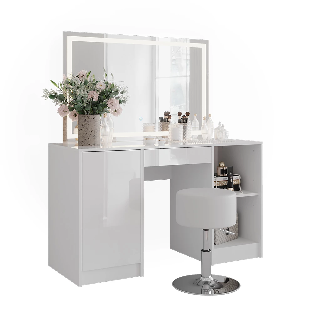 Vanity table in White/white high gloss on white background with decorative elements