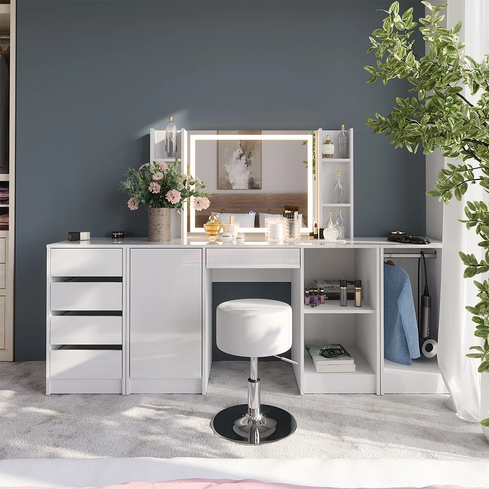 Kaptafel set met kruk Sherry Wit/wit hoogglans 128.2 cm met LED-spiegel en kruk Vicco