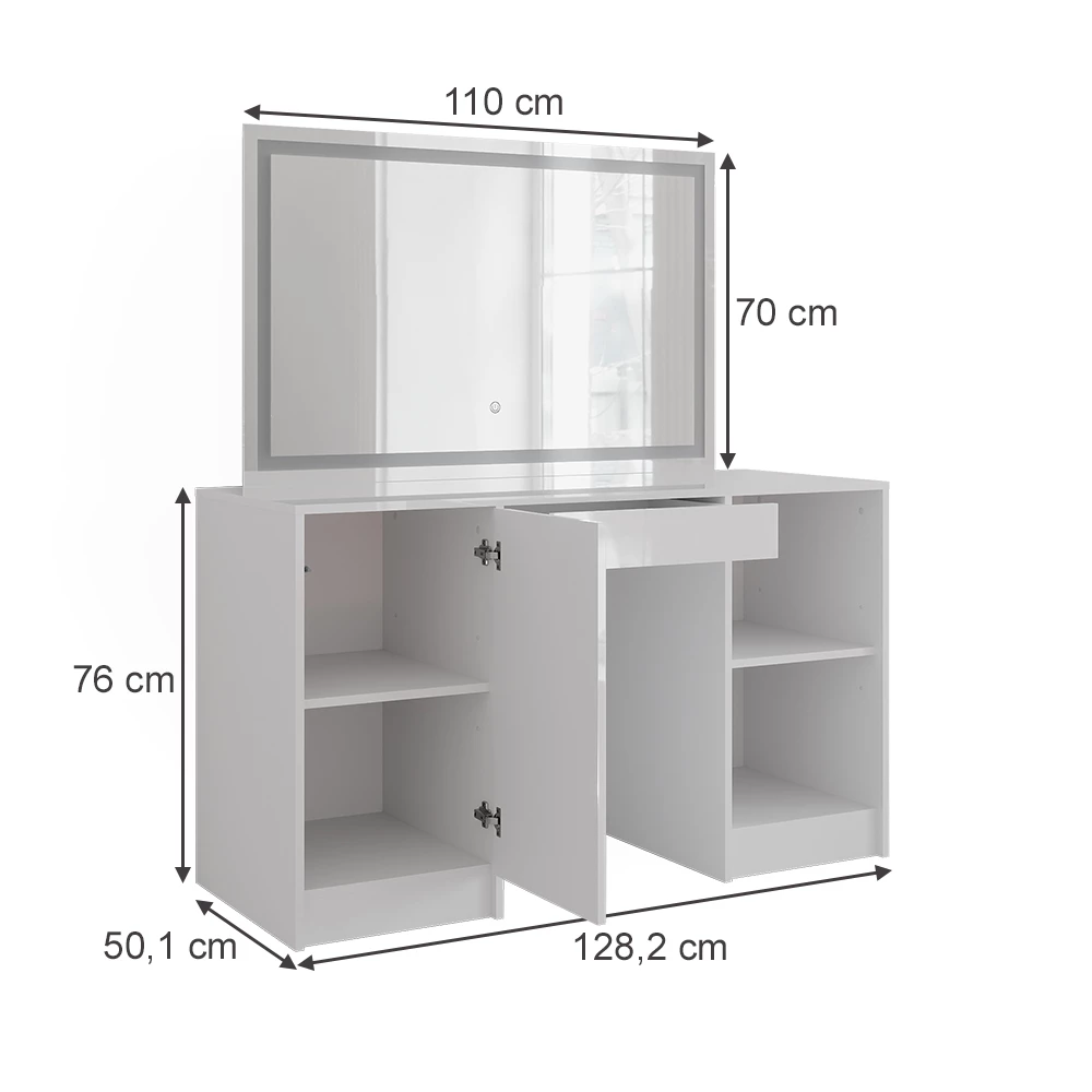 Coiffeuse en blanc/blanc brillant sur fond blanc avec dimensions visibles