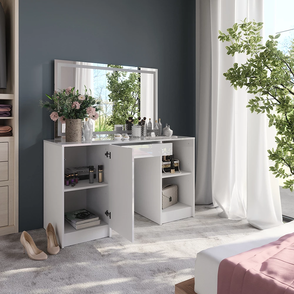 Gros plan de Coiffeuse en blanc/blanc brillant, montrant le design et les détails de surface